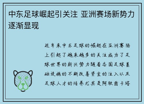 中东足球崛起引关注 亚洲赛场新势力逐渐显现