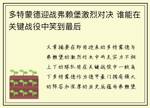 多特蒙德迎战弗赖堡激烈对决 谁能在关键战役中笑到最后