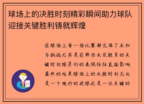 球场上的决胜时刻精彩瞬间助力球队迎接关键胜利铸就辉煌