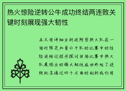 热火惊险逆转公牛成功终结两连败关键时刻展现强大韧性