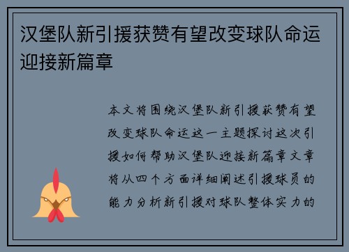 汉堡队新引援获赞有望改变球队命运迎接新篇章