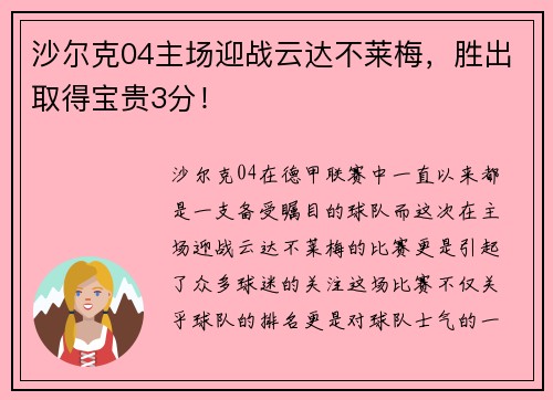 沙尔克04主场迎战云达不莱梅，胜出取得宝贵3分！
