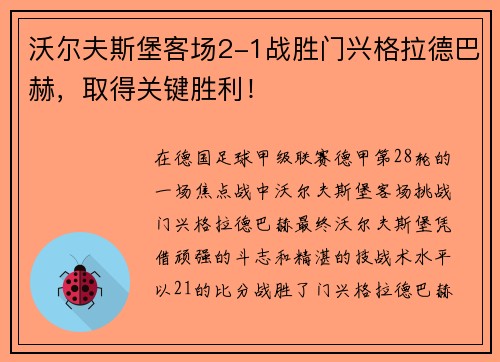 沃尔夫斯堡客场2-1战胜门兴格拉德巴赫，取得关键胜利！