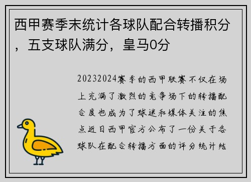 西甲赛季末统计各球队配合转播积分，五支球队满分，皇马0分