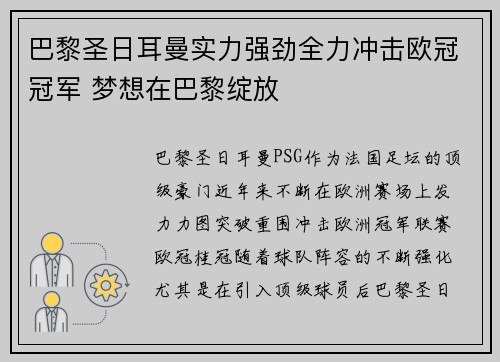 巴黎圣日耳曼实力强劲全力冲击欧冠冠军 梦想在巴黎绽放