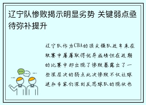 辽宁队惨败揭示明显劣势 关键弱点亟待弥补提升