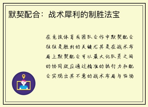 默契配合：战术犀利的制胜法宝