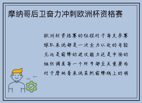 摩纳哥后卫奋力冲刺欧洲杯资格赛