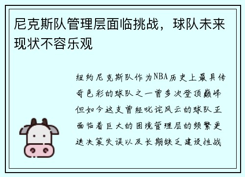 尼克斯队管理层面临挑战，球队未来现状不容乐观