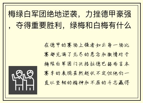 梅绿白军团绝地逆袭，力挫德甲豪强，夺得重要胜利，绿梅和白梅有什么区别