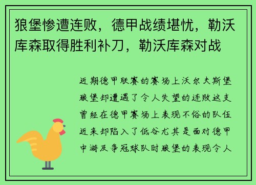 狼堡惨遭连败，德甲战绩堪忧，勒沃库森取得胜利补刀，勒沃库森对战