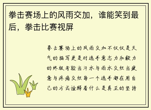 拳击赛场上的风雨交加，谁能笑到最后，拳击比赛视屏