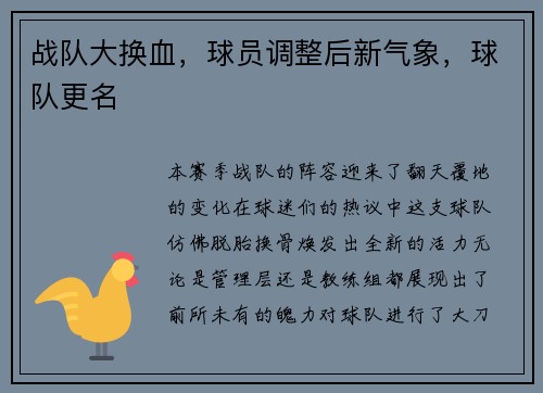 战队大换血，球员调整后新气象，球队更名