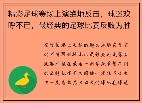 精彩足球赛场上演绝地反击，球迷欢呼不已，最经典的足球比赛反败为胜