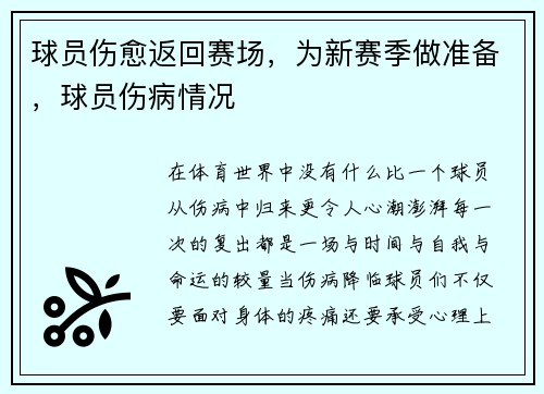 球员伤愈返回赛场，为新赛季做准备，球员伤病情况