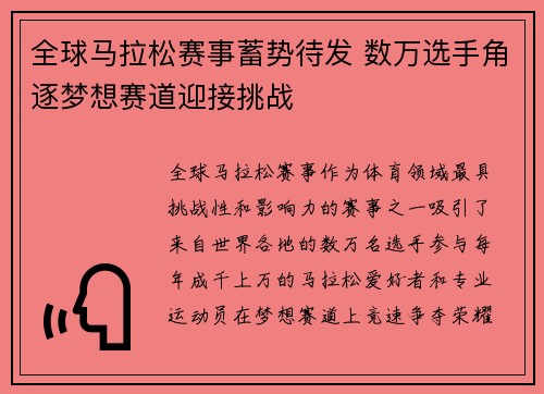 全球马拉松赛事蓄势待发 数万选手角逐梦想赛道迎接挑战