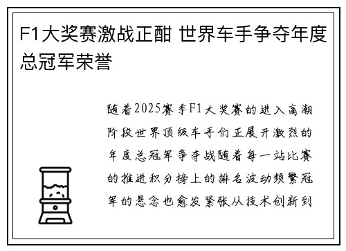 F1大奖赛激战正酣 世界车手争夺年度总冠军荣誉